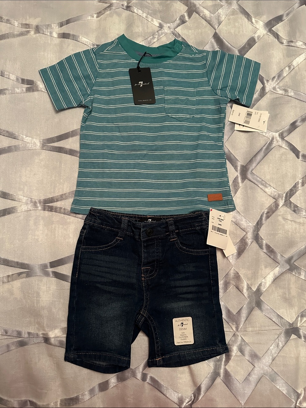 7 For All Mankind Teal and White Striped Short Sleeve Tee and Denim Shorts